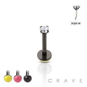 PRONG-SET THREADLESS PUSH-IN 316L SURGICAL STEEL LABRET WITH SOFT ENAMEL BACK FOR COMFORT SET